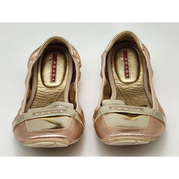Prada Pink/Pewter Metallic Leather Elastic Loafer Flat Size 37.5 US 7 - Picture 4 of 15